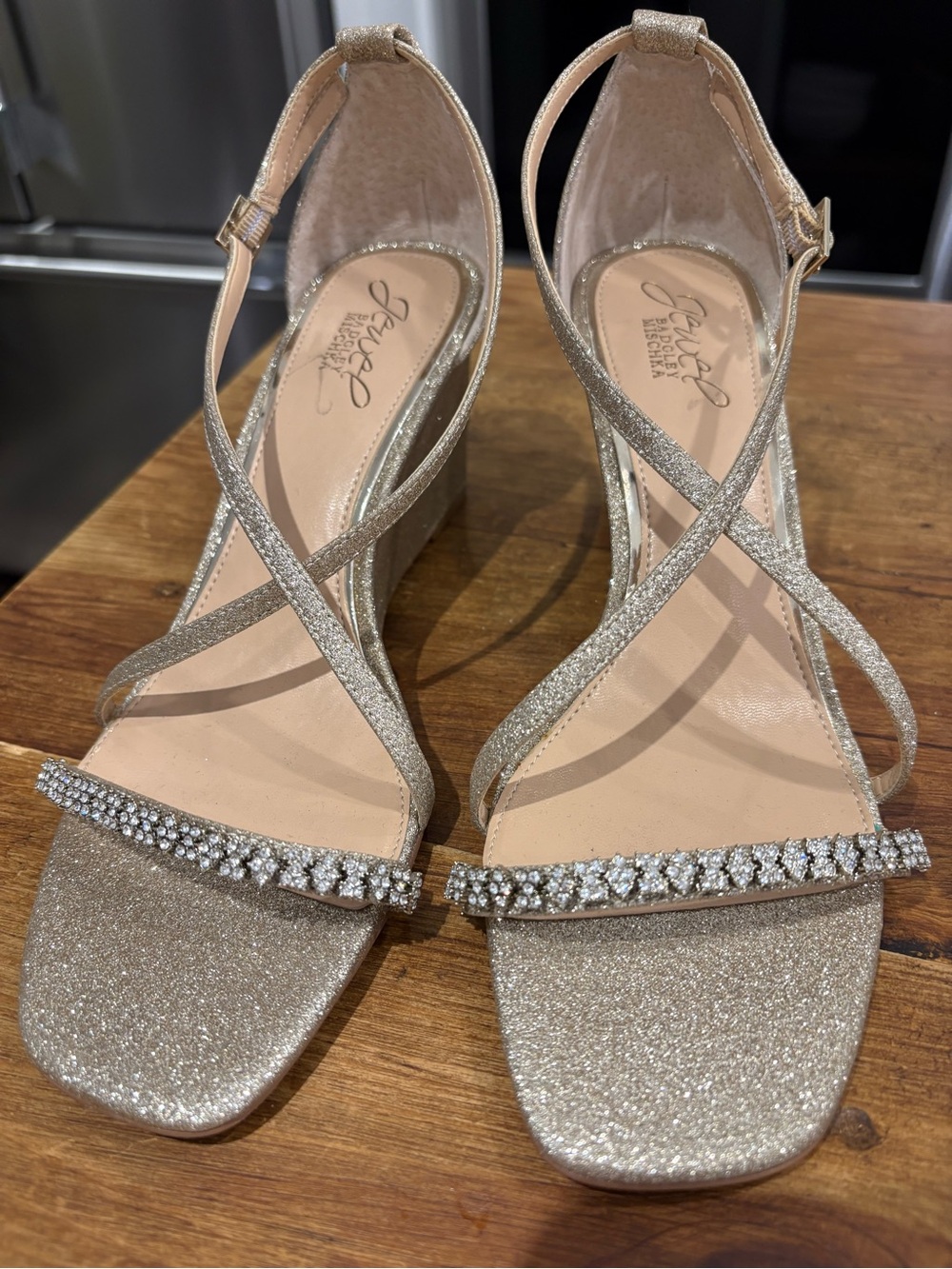 Jewel Badgley Mischka Gold Glitter Rhinestone Strappy Wedge Heels